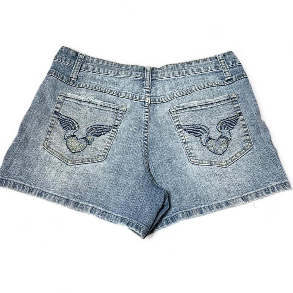 L.A. Blues blue denim shorts with bedazzled embroidered heart pockets